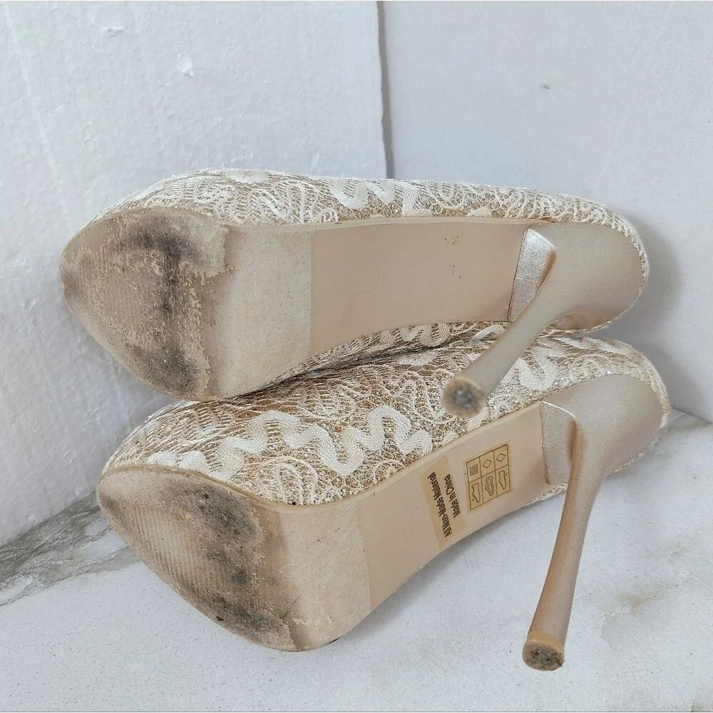 Mila Lady Fay Gold Cream Glitter Lace Platform Stiletto Heels, Sz 5.5